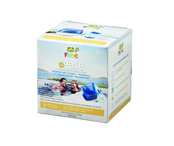 A blue FROG @Ease Floating Sanitizing System for Hot Tubs with an image of a child and a dog.